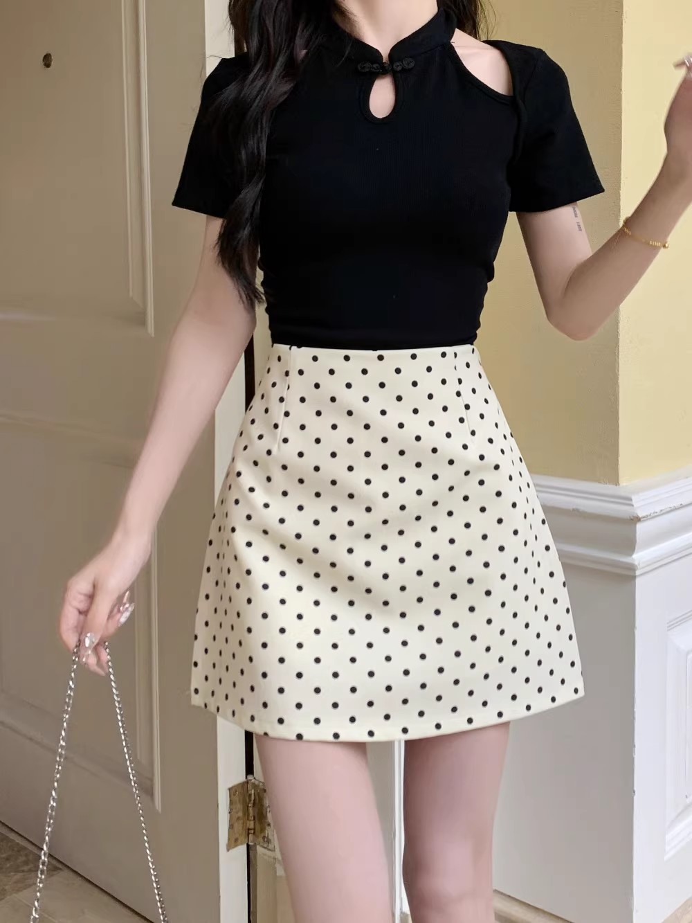 Picture of French Style White Polo Dot Skirt Black Skirt Grey Women's Spring and Autumn A- line Skirt Hip Skirt 2024 New Skirt