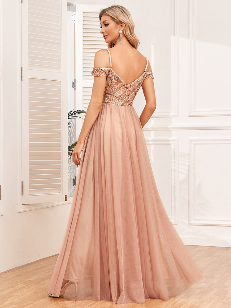 Picture of Cross-border European and American Shoulder Strap Double V-neck Sequin Embroidery Stitching Party Dress Elegant A- pendant Tulle dress