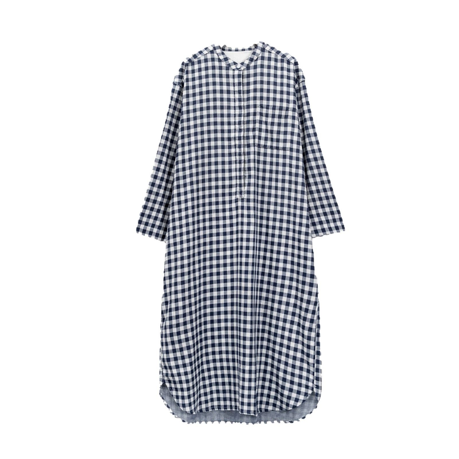 Picture of Double-Layer Gauze Nightgown, Japanese-Style Striped Plaid, All-Cotton Home Dress, Plus Size, Non-See-Through Pajamas, Pure Cotton Fabric, Breathable and Comfortable