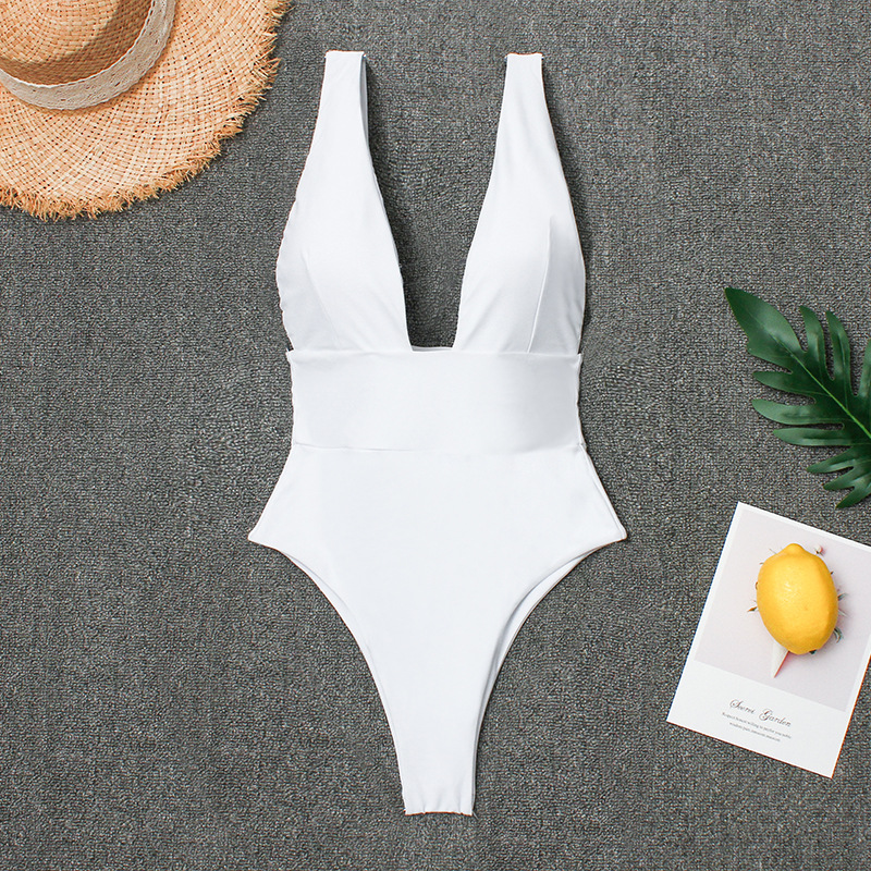2025 Cross-Border New European and American Hot-Selling High-End One-Piece Swimsuit Pure Color Sexy Backless Deep V Neck Bikini