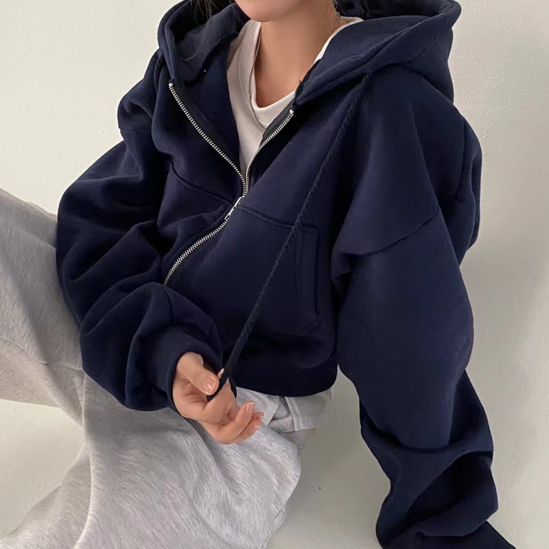 Picture of 2024 Spring and Autumn New Ins fleece-lined All-match Fashion Short Slim-fit Zipper Warm Navy Blue Hooded Women's Sweatshirt