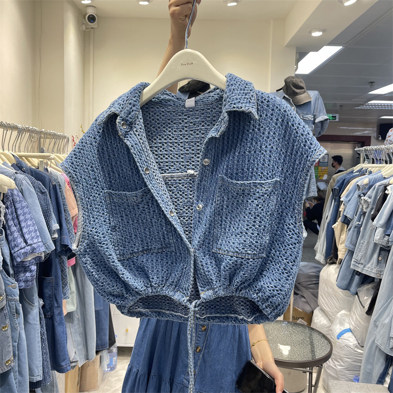 Short Chanel Style Denim Vest Women's 1688 New High-end Sense Loose All-match Drawstring Tight Waist Vest Fashionable Jacket