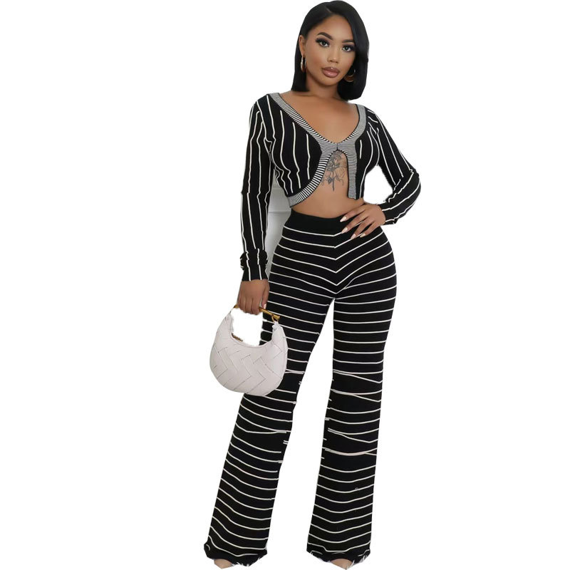 8712 European and American Casual Elegant Elastic Long Sleeve Short Cardigan Top Trousers Striped suit 2024 Autumn New