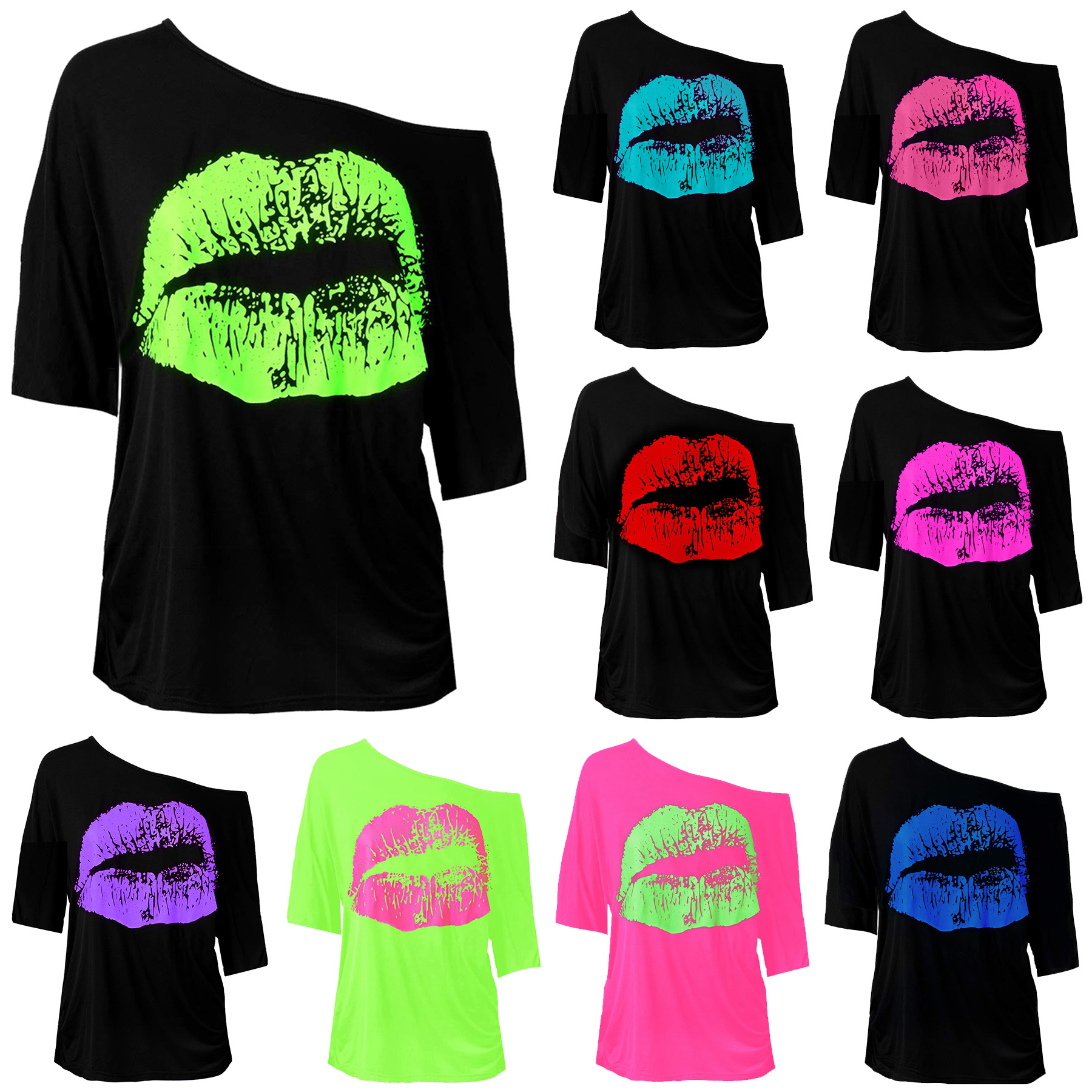 Amazon European and American Spring & Fall Women's Cross-Border Nostalgic Big Lips Print 80S Clothing Women's Slanted Shoulder Mid-Sleeve T-Shirt