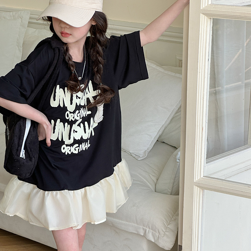 Picture of 2024 New Girls' Summer T-shirt Dress Western Style Mid-Big Children's Letter Printed Short-Sleeved Ruffled Stitching Dress