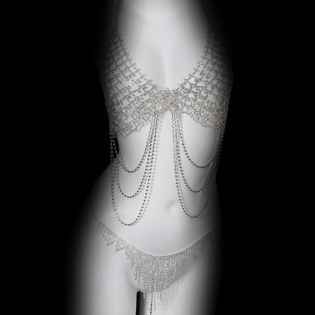 Picture of Personality Fashion Full Diamond Tassel Body Chain suit European and American Nightclub Sexy Exaggerated Bikini Chest Chain Waist Chain Accessories
