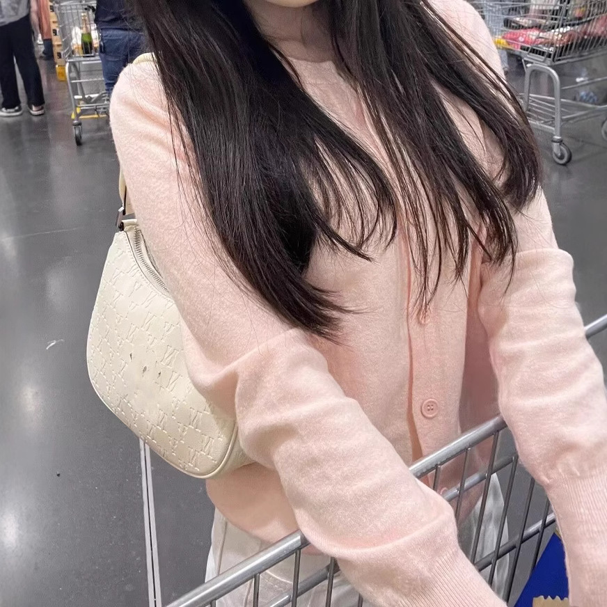 Mannifei Korean Style Gentle Pink Sweater Women's Soft Waxy Skin-Friendly Knitted Sweater Small Cardigan Round Neck Sweater Coat Women