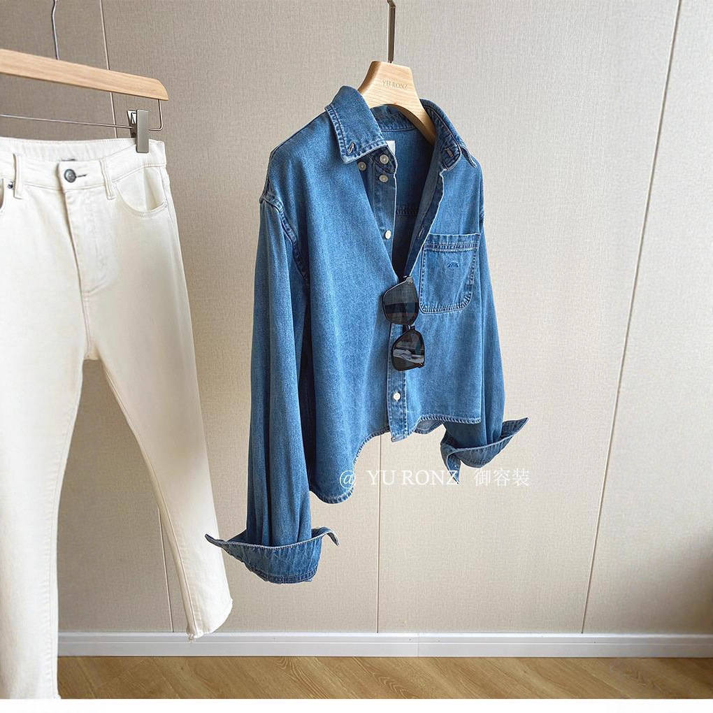 Picture of Blogger Accent ~ Fashionable, Simple and Versatile High-End Embroidered Flap Pocket Pants Cotton Short Denim Shirt for Women 2025 Spring & Fall Style
