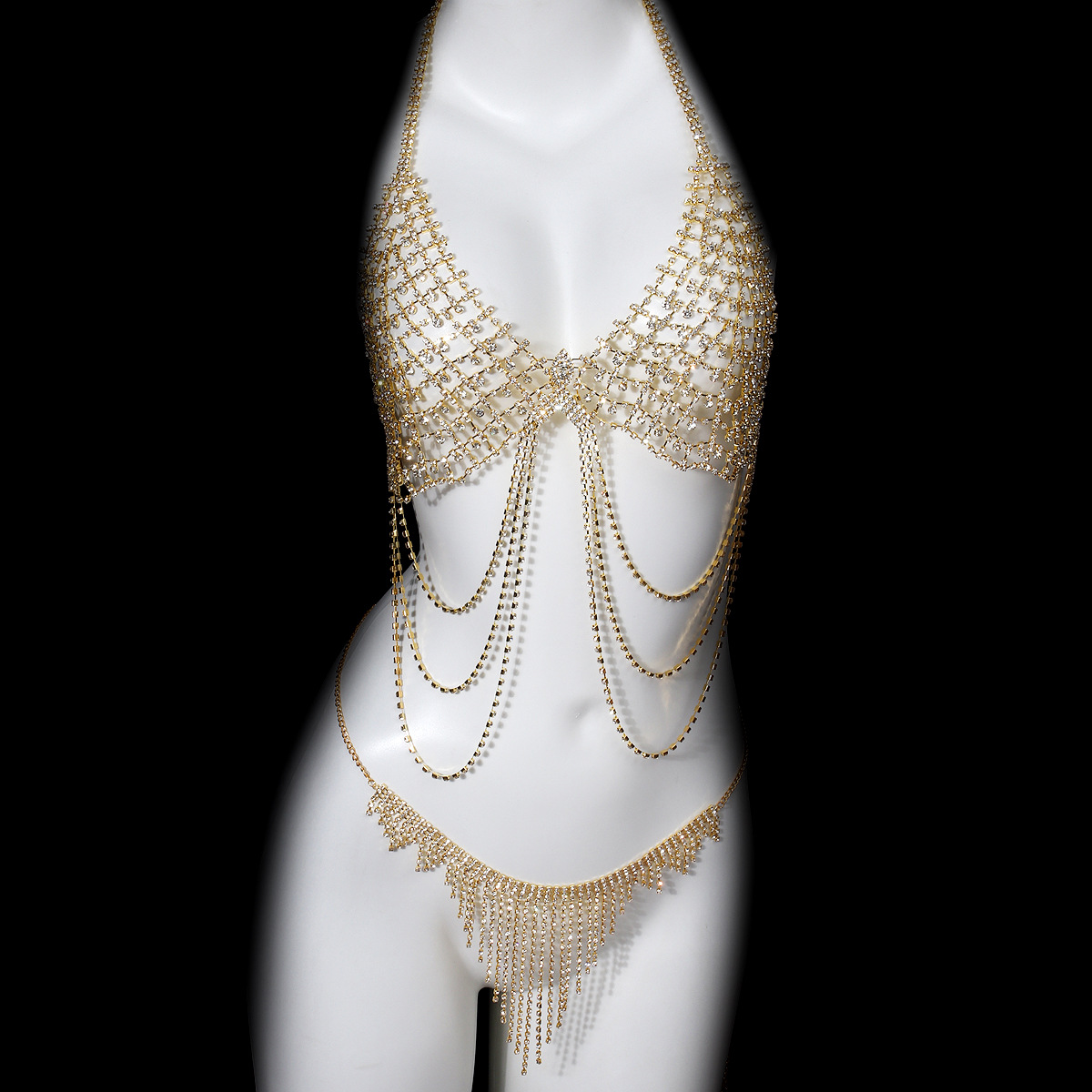 Picture of Personality Fashion Full Diamond Tassel Body Chain suit European and American Nightclub Sexy Exaggerated Bikini Chest Chain Waist Chain Accessories