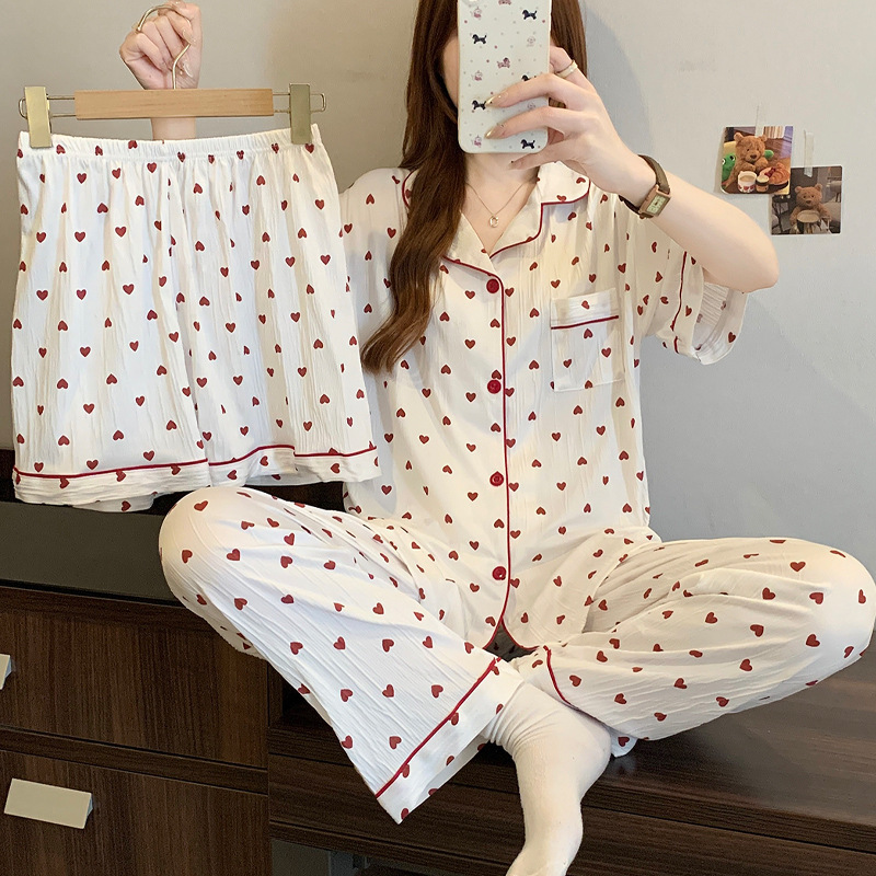 Picture of Korean warm little love summer thin short sleeve pajamas women's sweet loose home clothes wrinkled cloth three-piece set wholesale