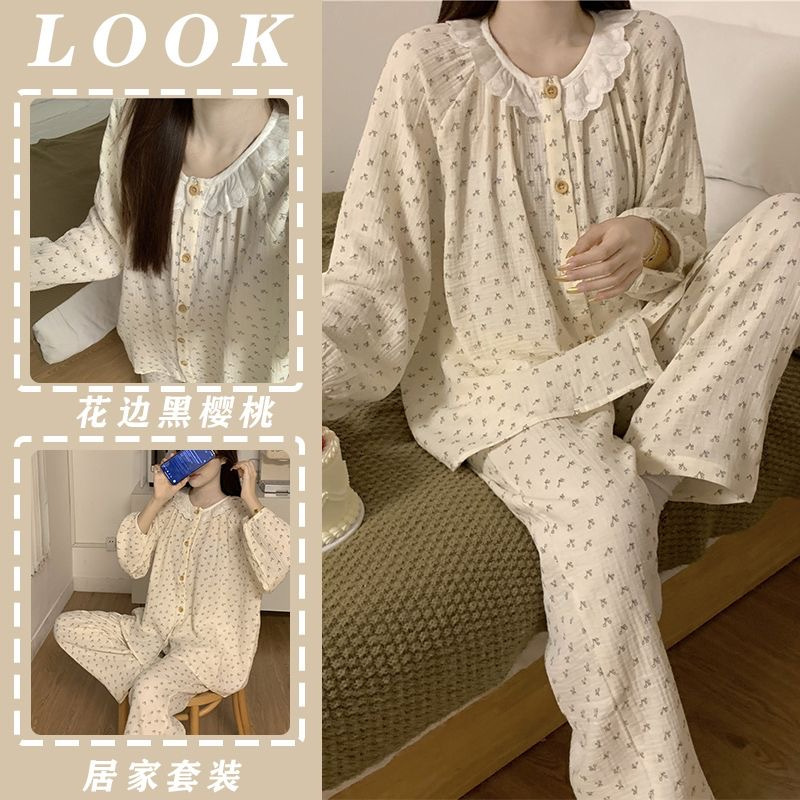 Korean style sweet girl lace bubble wrinkle long-sleeved pajamas Women's Spring and Autumn New trousers home suit