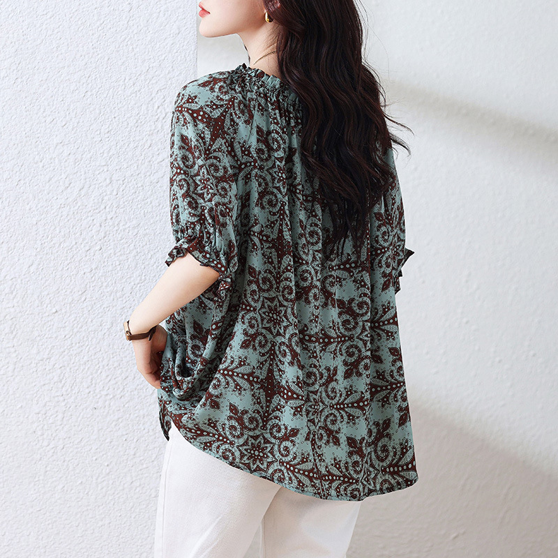 Picture of Real shot in stock plus size 2025 summer new style off shoulder casual loose print short sleeve western style top
