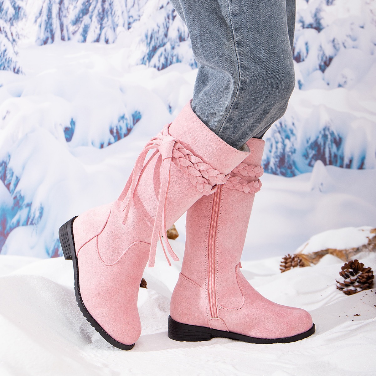 2024 autumn and winter new fashion girls princess boots little girls fleece-lined warm boots children's flannel knight boots