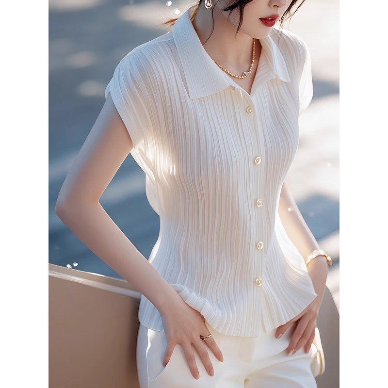 Picture of 2025 New Arrival White Short-Sleeved Shirt Women's Summer Thin Korean Style Chic Chic Pretty Shirt Pleated Top