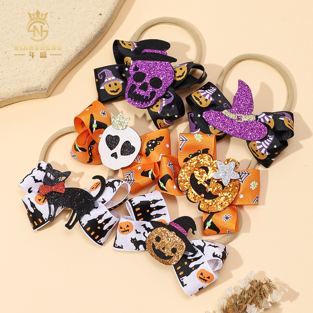Picture of European and American New Children's Hair Band Halloween Hat Witch Pumpkin Skull Print Bow Baby Hair Accessories