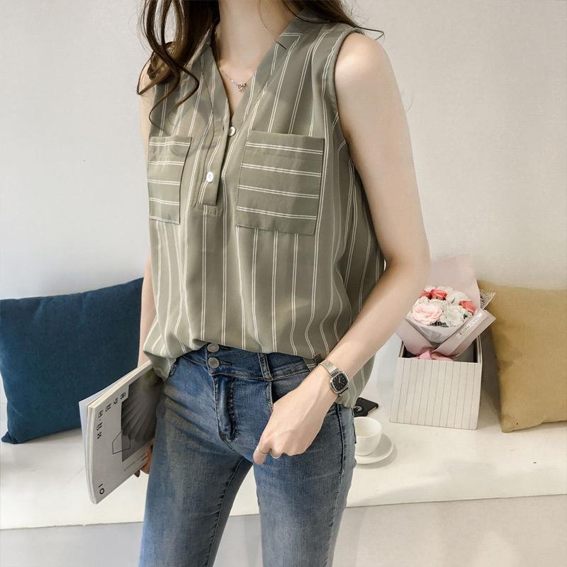 Sleeveless Chiffon Shirt for Women Spring and Summer New Large Size Loose Fat Mm Outer Vest Stripesd Shirt Top Western Style Small Shirt