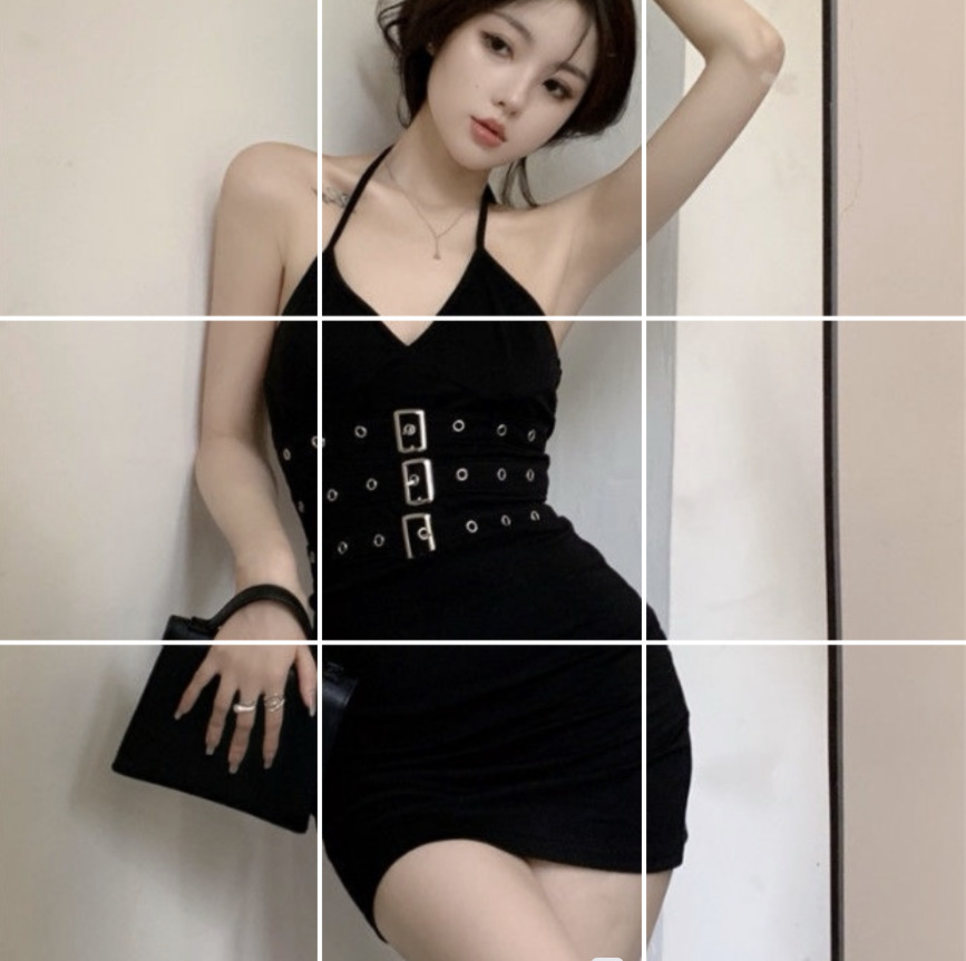 Summer Metal Buckle Neck Design Sense Dress Women's Sexy Backless Hip Skirt 8788 Three-Row Nail Black Skirt