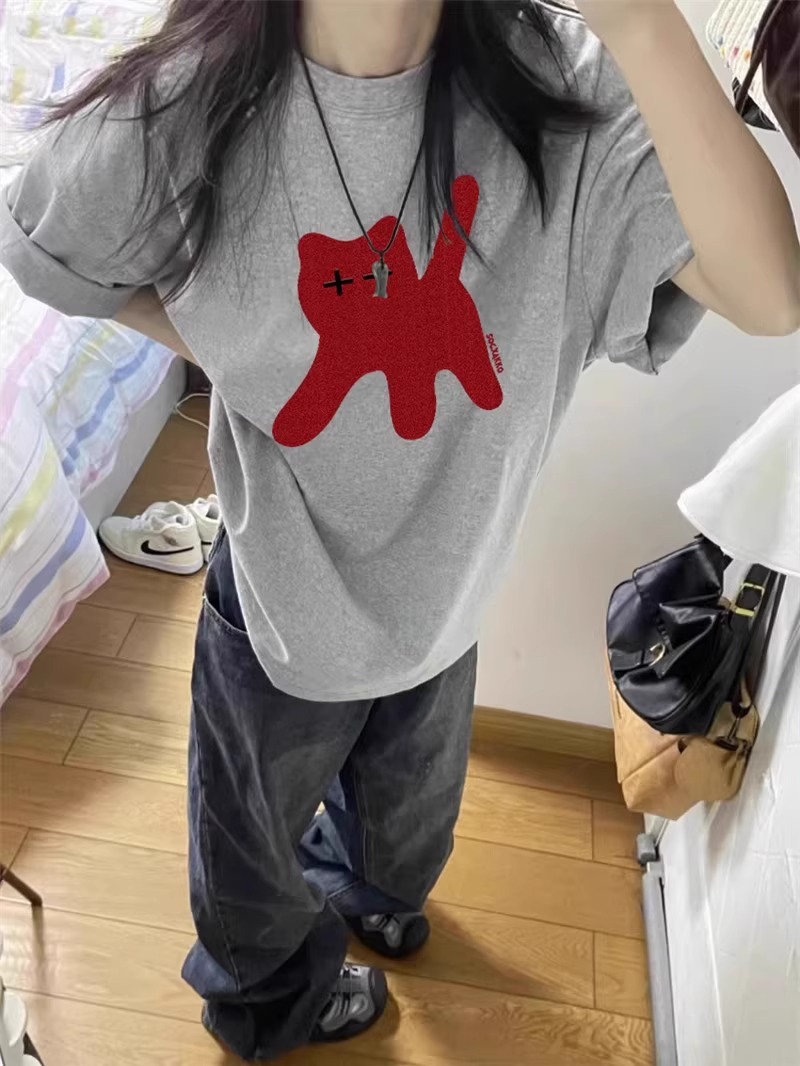 Summer Short-sleeved T-shirt Women's 2025 New Explosions Pure Cotton Shoulder Design Niche American Loose Half-sleeved Top