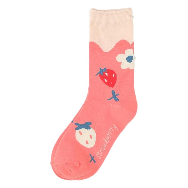Autumn and Winter Cotton Mid-Calf Women's Socks with Strawberry Pattern, College Style Socks, Sweet High-Tube Trendy Socks Wholesale, Sweet College Style