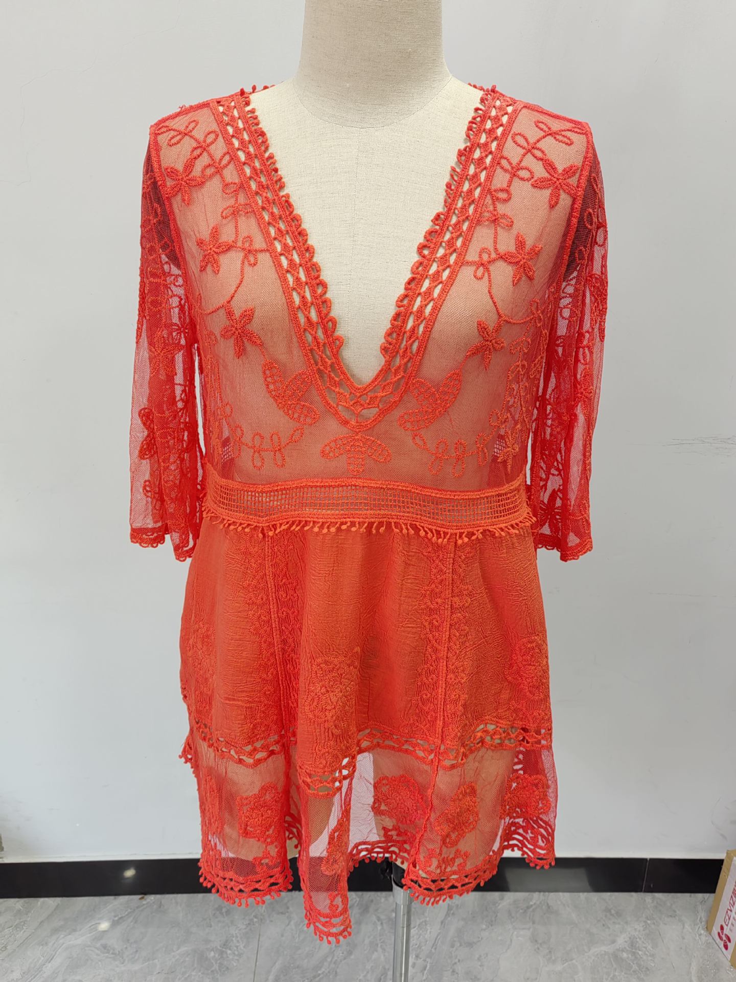 Picture of European and American Cross-border Special for New V-neck Lace Embroidered Sunscreen Sexy Bikini Swimsuit Beach Blouse Women