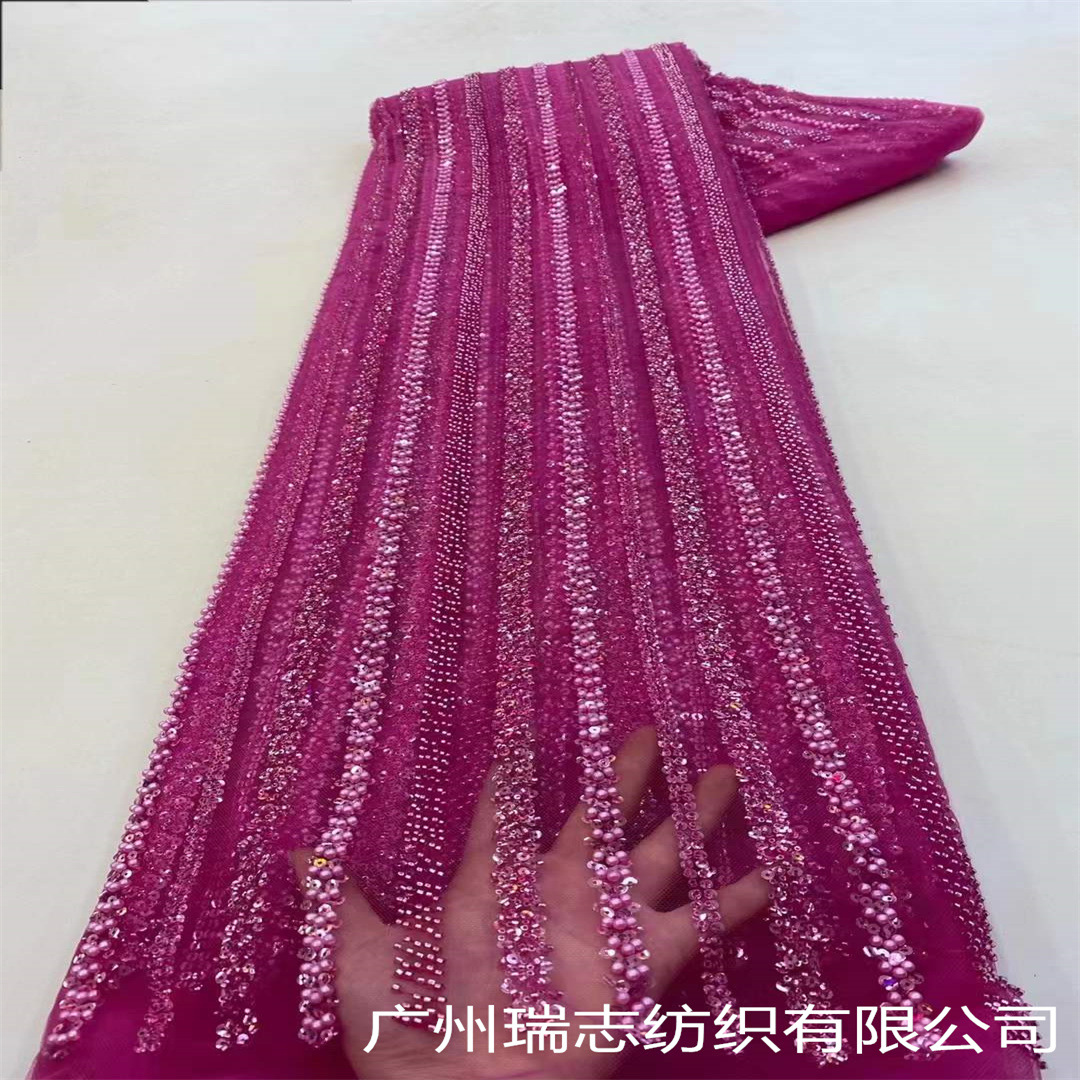 Picture of Bubble Stripe Crystal Sequins Beaded Tube Embroidered Mesh Fabric French Wedding Dress Xinjiang Hair Hat Dress Embroidered Cloth