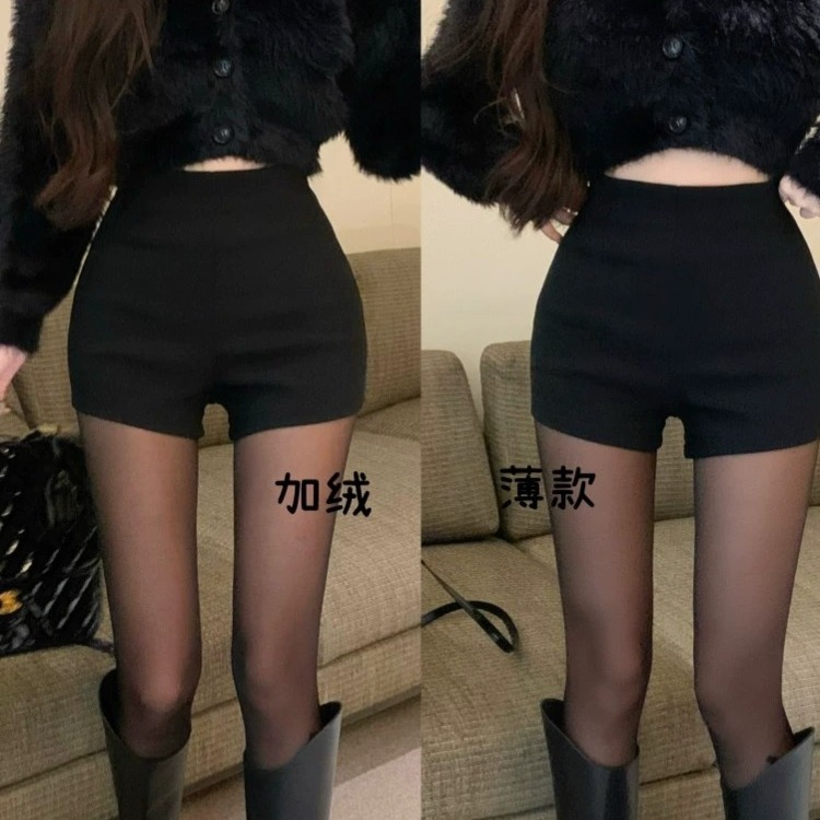 Picture of Black high waist hot girl wear slim fit tight slimming shorts women's autumn and winter stretch casual fleece-lined bottoming boot pants