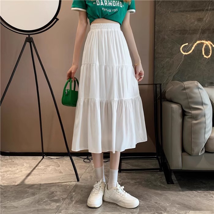 French White A- Line Skirt Women's Spring 2024 New High Waist Mid-Length Skirt for Small Men Slimming Pleated Skirt