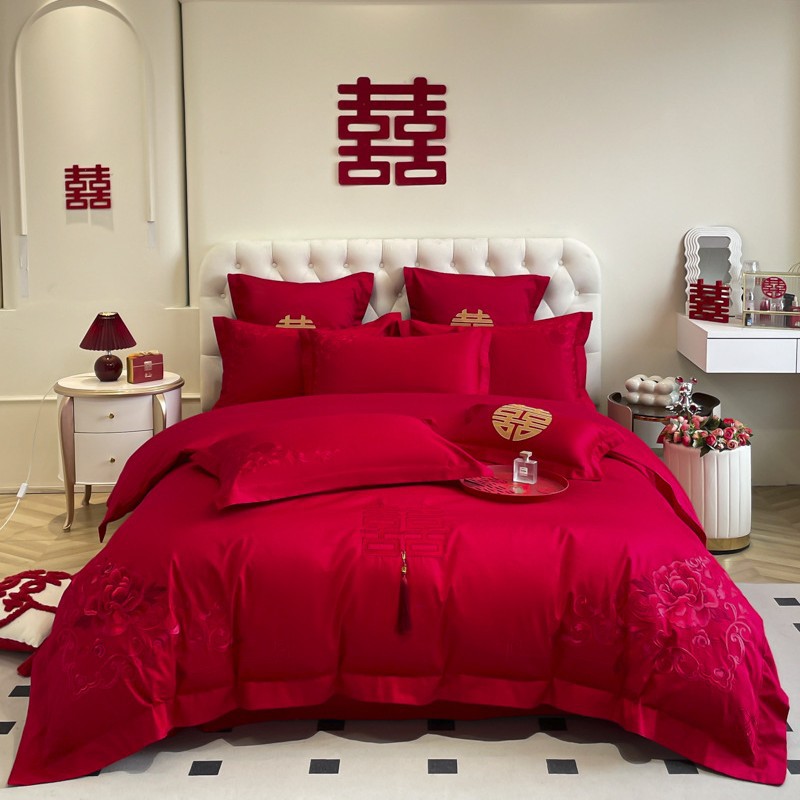 Picture of Chinese-style High-grade Wedding Four-piece Set Big Red Embroidered Wedding Dowry Quilt Cover Bed Sheet Newlywed Wedding Room Bedding