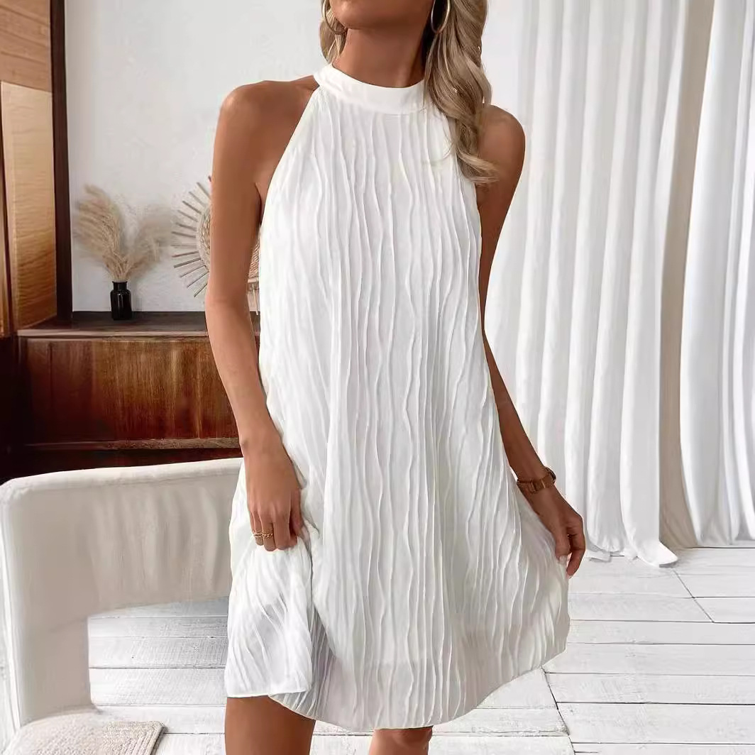 Amazon Independent Station AliExpress 2024 Summer New Plain Elegant Neck Loose Dress