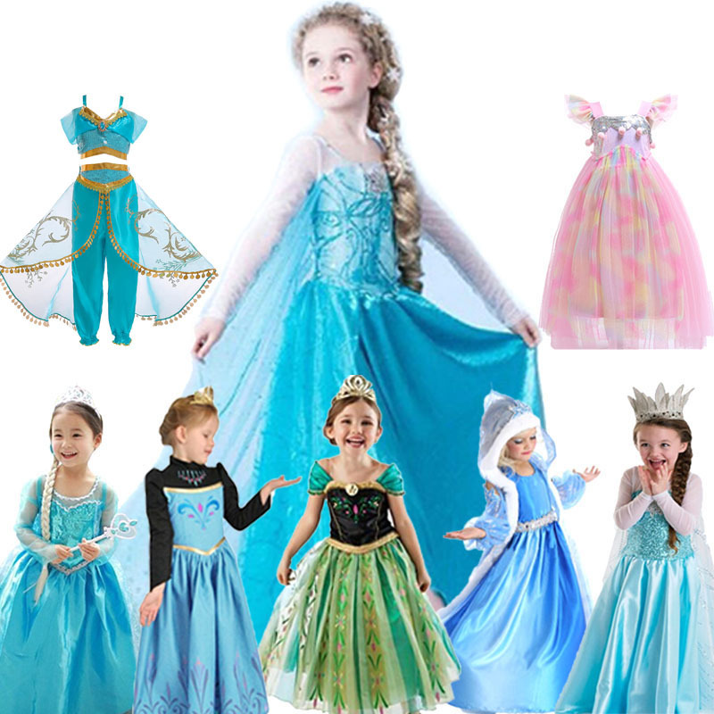 New Children's Dress Frozen Cartoon Print Dress Girls Mesh Princess Dress Long Cape Children's Costume