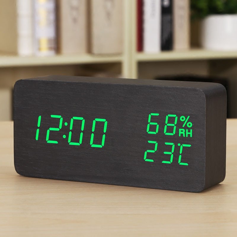 Picture of Creative led wooden clock rectangular indoor temperature hygrometer voice control electronic clock simple wooden alarm clock
