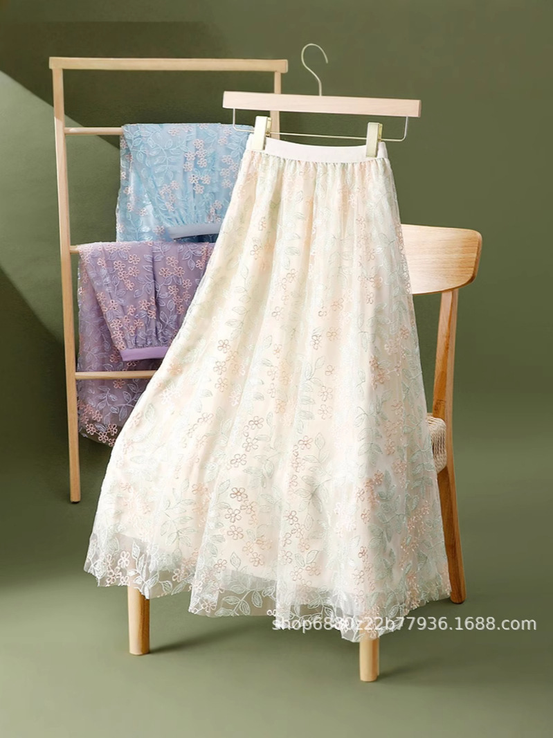 2025 New Summer Style Sweet Mid-Length Gauze Skirt Mesh Embroidered Flowers Slimming Look A-Line Skirt
