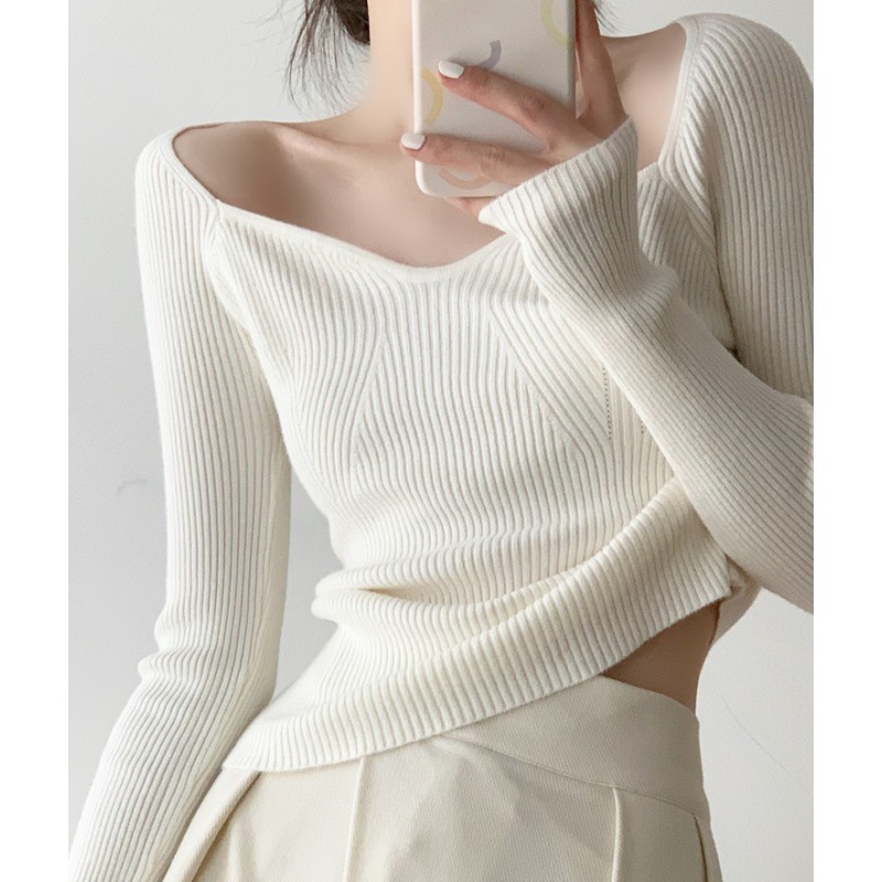 Flower Peal Collar Autumn and Winter Knitted Shoulder Curved Line Large Neckline Cushion Machine Clavicle Slimming Inner Base Sweater for Women