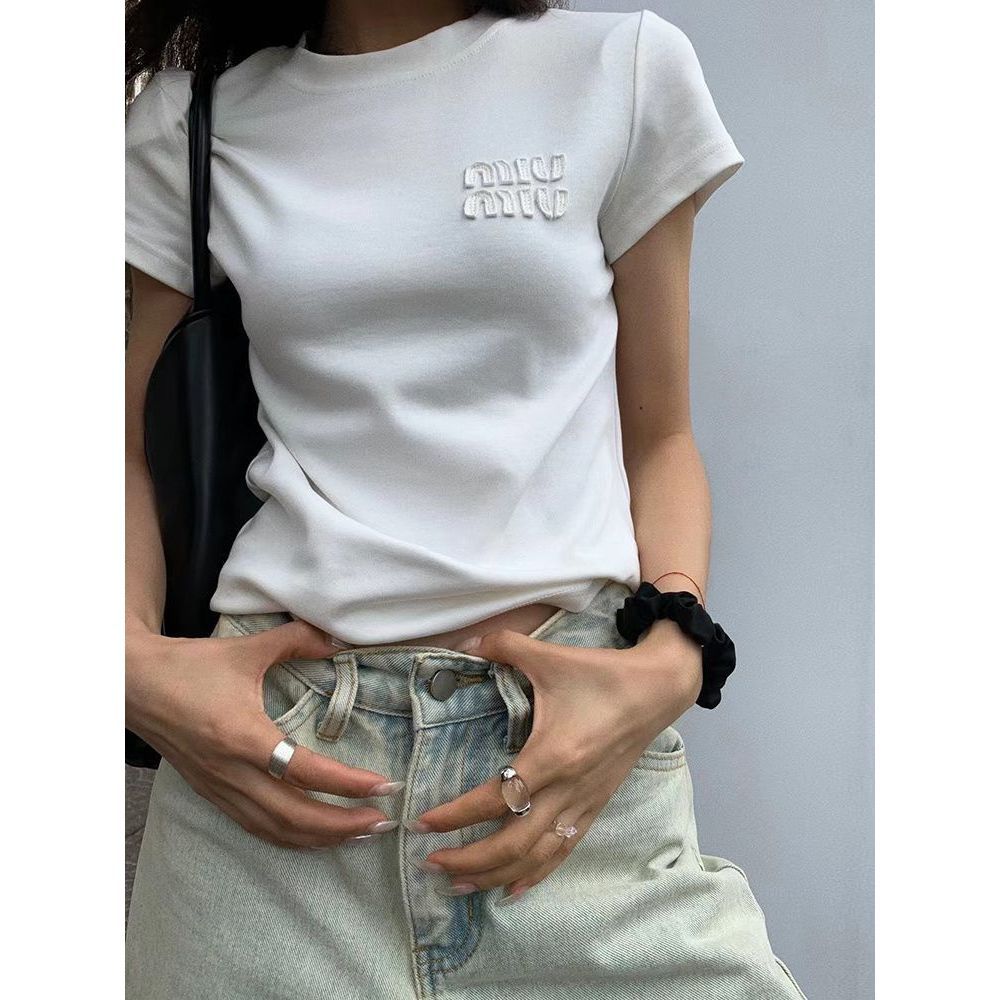 Crewneck Shoulder T-shirt Women's Pure Cotton Short-sleeved Simple Summer Letter Embroidered Slim-fit Slim-fit Solid Color Small Top
