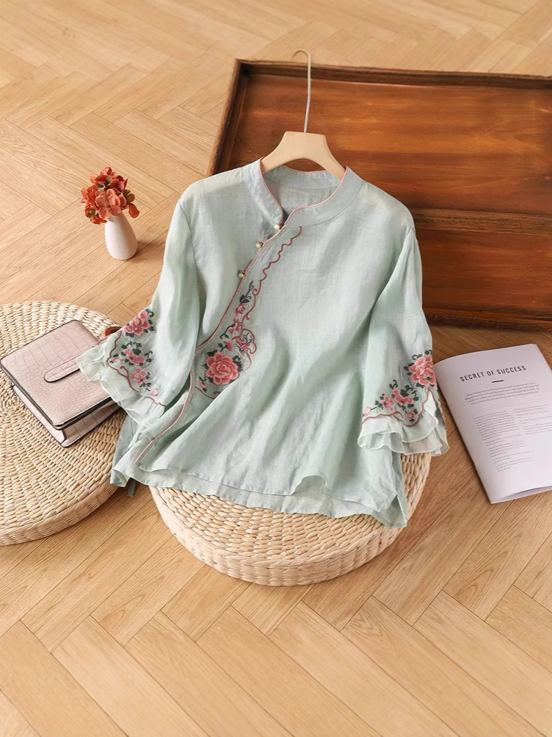 Women's Cotton and Linen Slanted Placket Embroidered Buckle National Style New Ethnic Top Retro Literary Summer Tea Suit Three-Quarter Sleeve Shirt