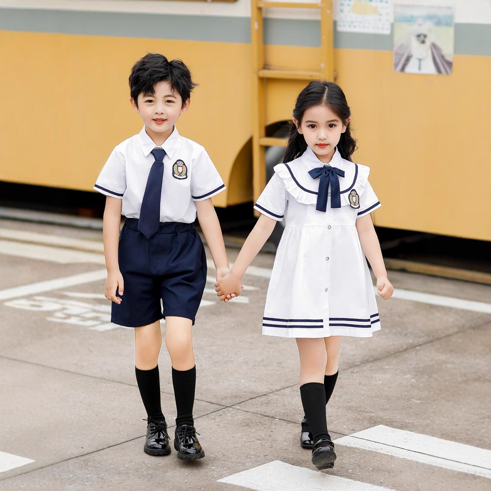 School Uniform for Primary School Students Summer English Style Chorus Performance Clothing for Children Graduation Photo Class Clothing White Kindergarten Garden Clothing Cotton