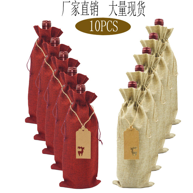 Amazon supply 12PCs linen red wine bag tag set red wine packaging bag linen bundle drawstring bag