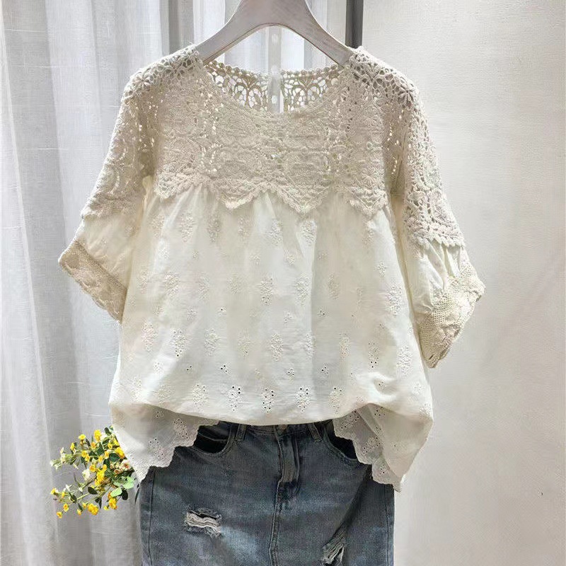 2 Summer Short-sleeved Women's Loose Slim Shirt Women's Embroidered Hemp Cotton Hollow Shirt Women