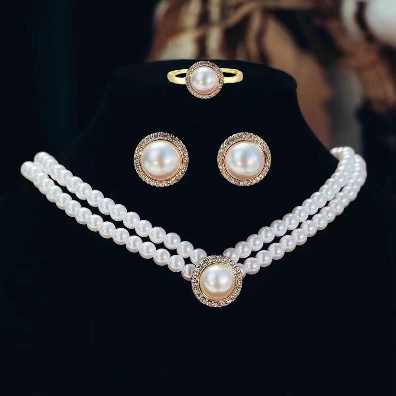 Bridal Toast Wear Pearl Double Layer Clavicle Chain Sparkling Diamond Round Pearl Earrings Necklace 3 Set Wedding Accessories