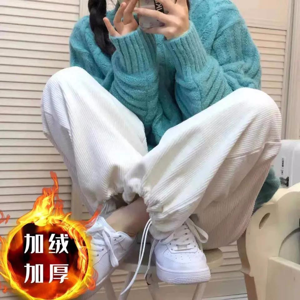 570# retro corduroy fleece-lined padded straight casual pants women loose toe Joker wide leg pants women