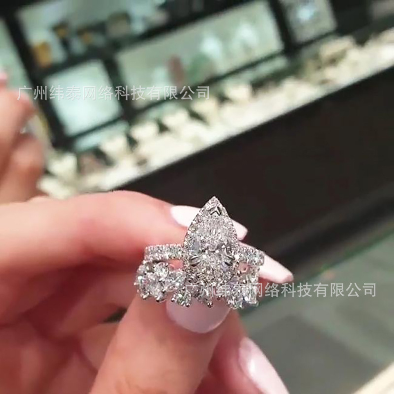 Weitai 2022 new European and American Sterling Silver 925 ring inlaid pear type 7*10 main stone 2 Karat single ring silver weight 6G