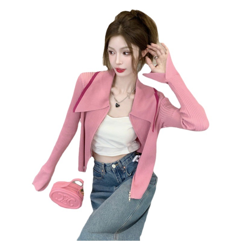 Picture of Autumn New Large Size Chubby Girl Large Lapel Double Head Zipper Design Short Loose Knitted Cardigan