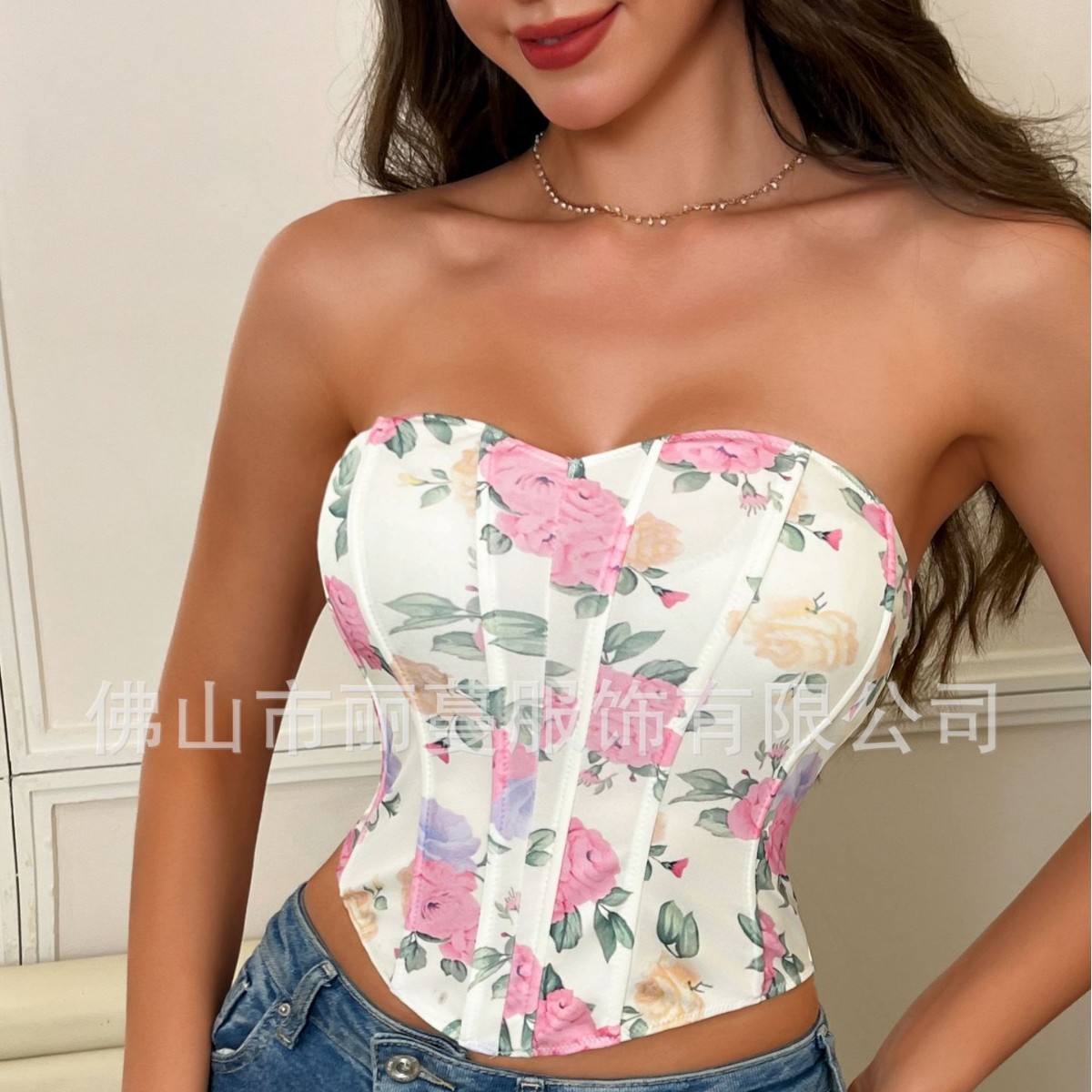 Cross-border European and American AliExpress Sexy Spice Girl V-chest Backless Printed Strapless Slim-fit Fishbone Waist Tight Vest