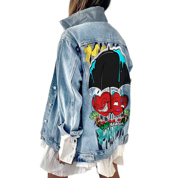 Picture of 2618 cartoon graffiti Amazon jacket Denim Net Red Jacket Women's autumn and winter baseball uniform Amazon coat