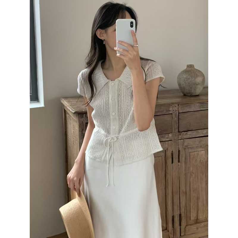 Korean Style Beaded Ice Silk Cut Out Lace-Up Knitwear