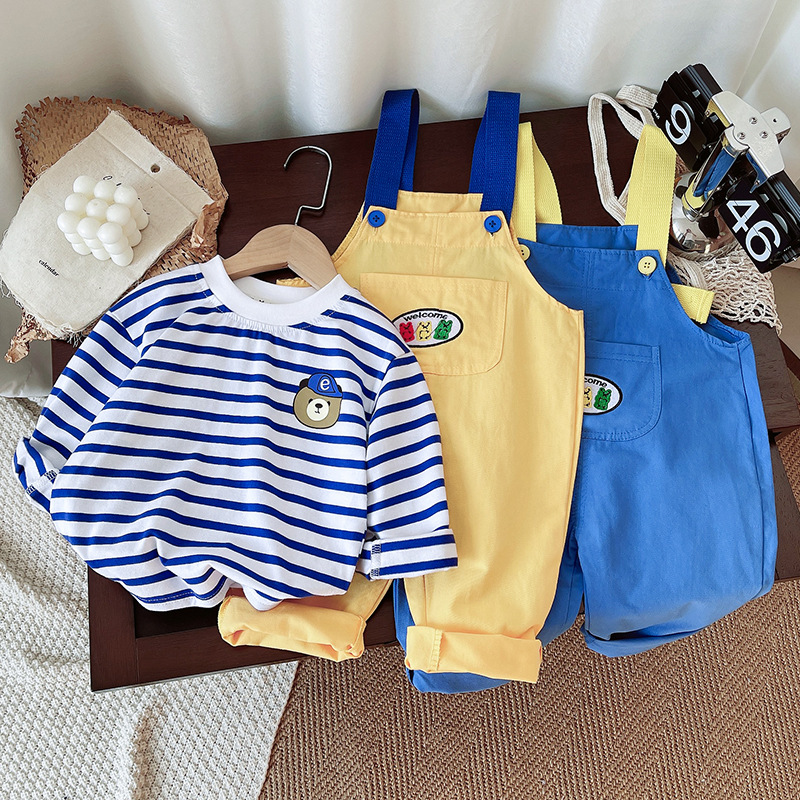 Foreign Trade Spring and Autumn suit Autumn New Foreign Style Internet Celebrity Fried Street Style Children Striped Hat Bear Head Strap suit