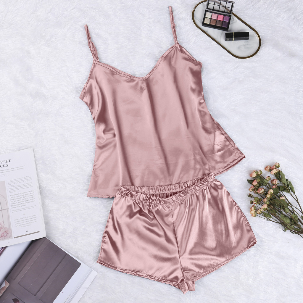 Sexy Underwear European and American Explosions Sexy Simulation Silk Solid Color Sling Shorts Women's Dwelling Clothing Two-Piece Source