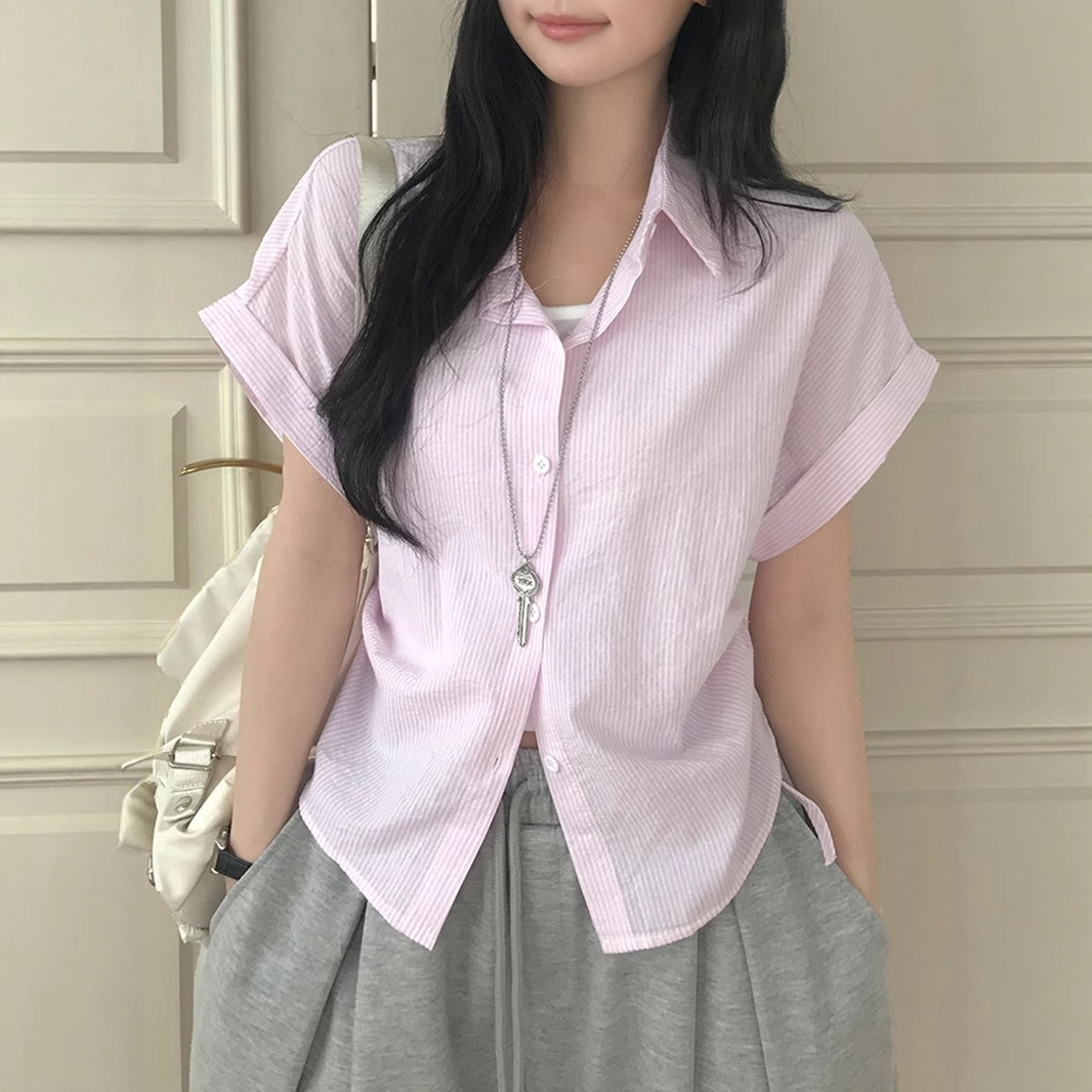 Picture of Chic French Plaid Drawstring Shirt for Women - Slim Fit Waist, Casual Short Sleeve Shirt with Collar