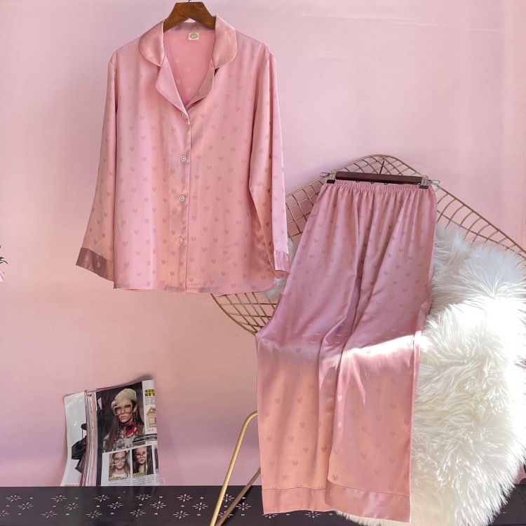 New Pajamas Women's Spring and Autumn Ice Silk Thin Cartoon Printed Long-sleeved Pants Two-piece Suit Home Clothes for Outer Wear