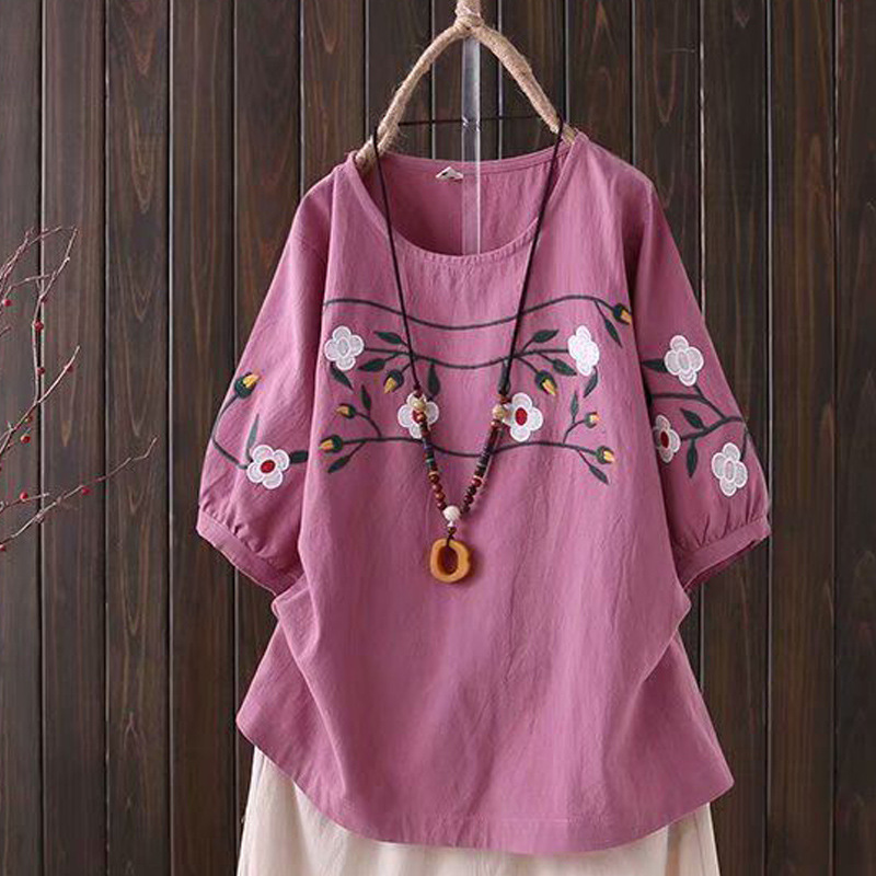 Picture of Women's Artistic Retro Embroidery Summer New Ethnic Style Cotton and Linen plus size Loose Slimming Short-sleeved Meat Covering T-shirt